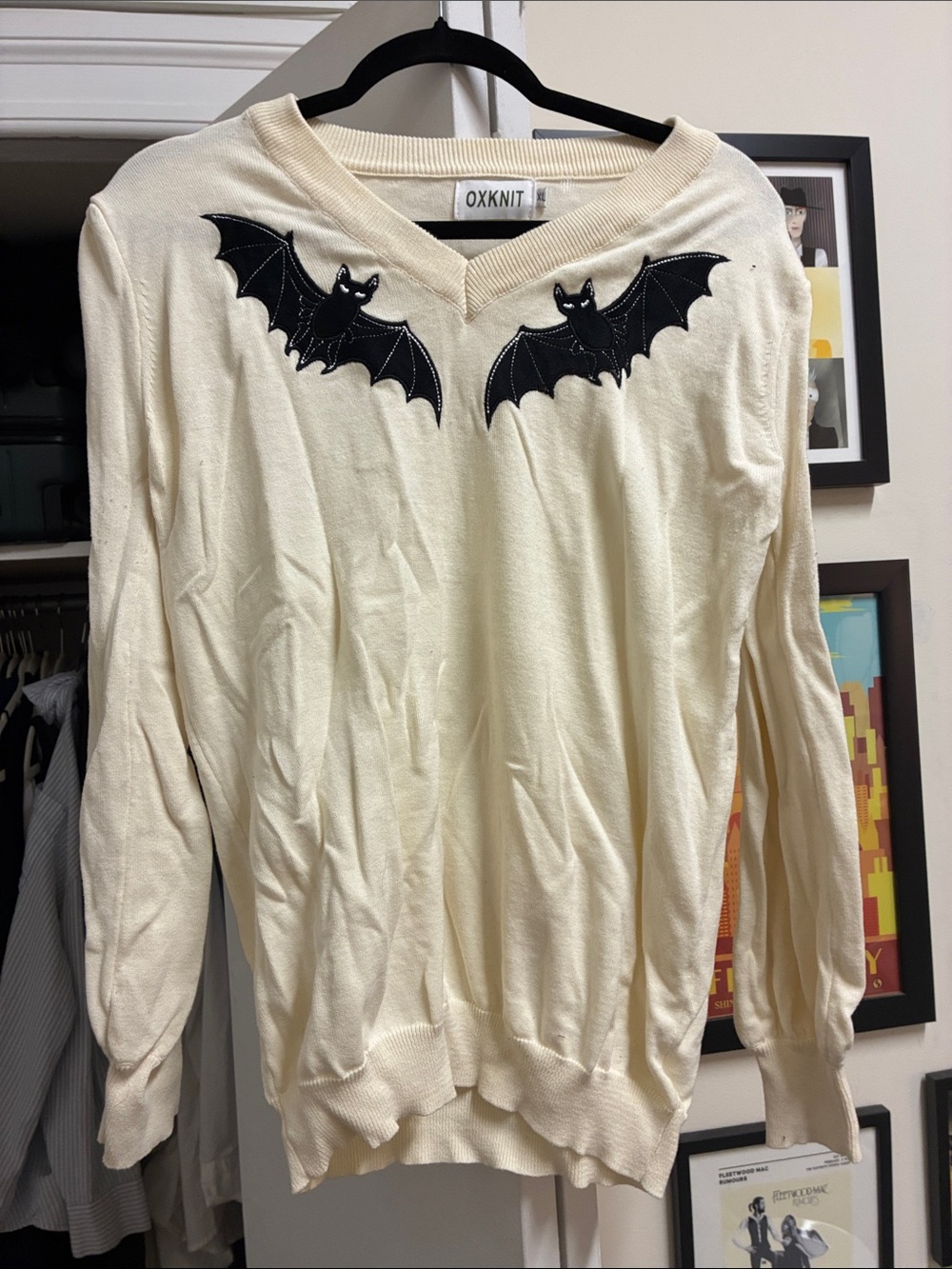 OXKNIT Women's Cream V-Neck Sweater with Black Bat Appliqué